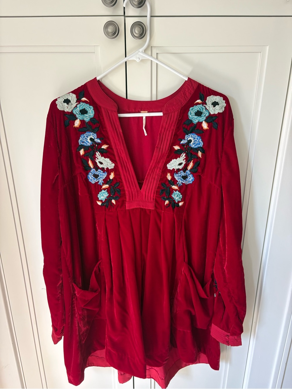 Free People Red Embroidered V-Neck Mini Dress with Blue & White Floral Accents